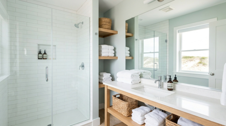 Sanitized primary bathroom with fresh towels